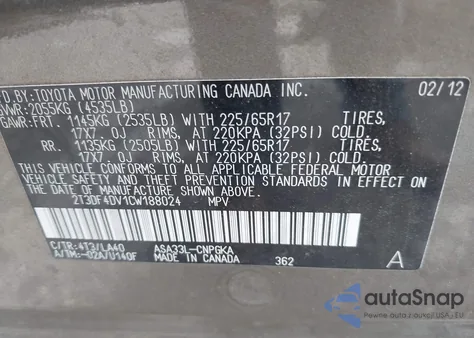 2012 Toyota Rav4 Limited z USA, uszkodzony, nr VIN 2T3DF4DV1CW188024